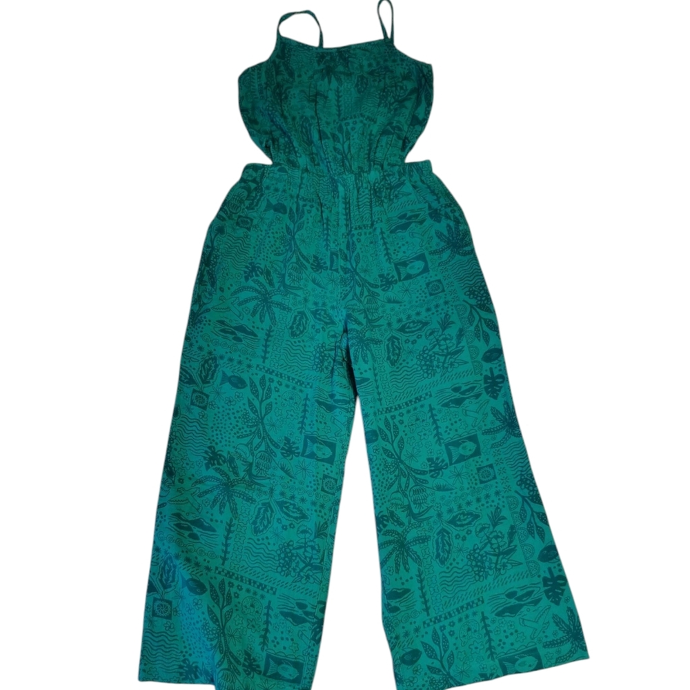 Green 100% Cotton Print Jumpsuit Pull On Open Sides Girls Size L